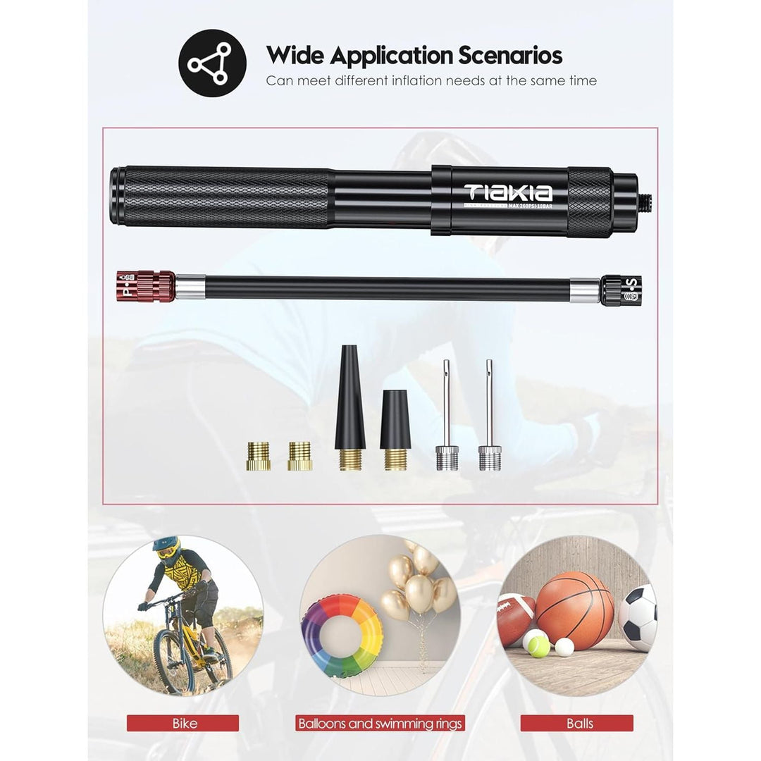 Tiakia Mini Bike Pump Portable Bicycle Pump Compact High Pressure Frame Pump 260PSI - Air Hand Pump Fit Presta, Schrader & Woods Valves,Aluminum Alloy Durable Tire Pump for Road/Mountain/BMX Bikes - Just Closeouts Canada Inc.