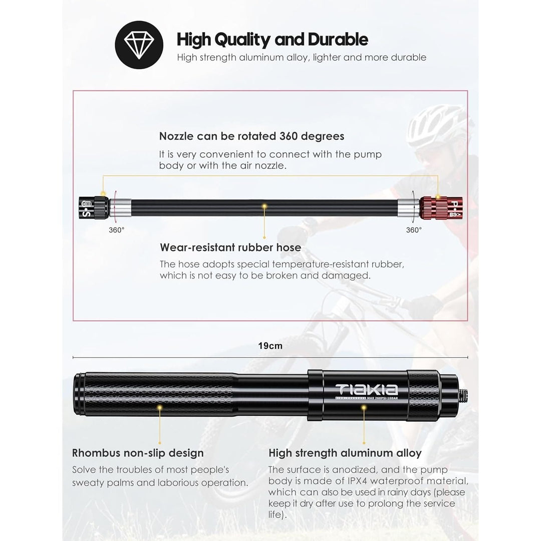 Tiakia Mini Bike Pump Portable Bicycle Pump Compact High Pressure Frame Pump 260PSI - Air Hand Pump Fit Presta, Schrader & Woods Valves,Aluminum Alloy Durable Tire Pump for Road/Mountain/BMX Bikes - Just Closeouts Canada Inc.