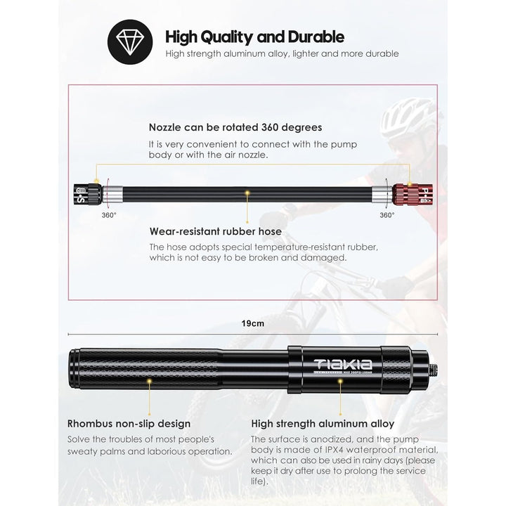 Tiakia Mini Bike Pump Portable Bicycle Pump Compact High Pressure Frame Pump 260PSI - Air Hand Pump Fit Presta, Schrader & Woods Valves,Aluminum Alloy Durable Tire Pump for Road/Mountain/BMX Bikes - Just Closeouts Canada Inc.