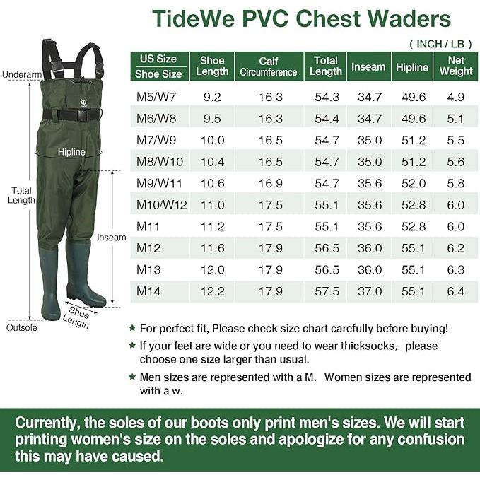 TideWe Bootfoot Chest Waders, Fishing Waders 2 - Ply Nylon Waterproof Hunting Waders with Boot Hanger for Men and Women (Green Size Men 5/Women 7)) - Just Closeouts Canada Inc.