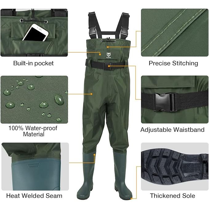 TideWe Bootfoot Chest Waders, Fishing Waders 2 - Ply Nylon Waterproof Hunting Waders with Boot Hanger for Men and Women (Green Size Men 7/Women 9) - Just Closeouts Canada Inc.