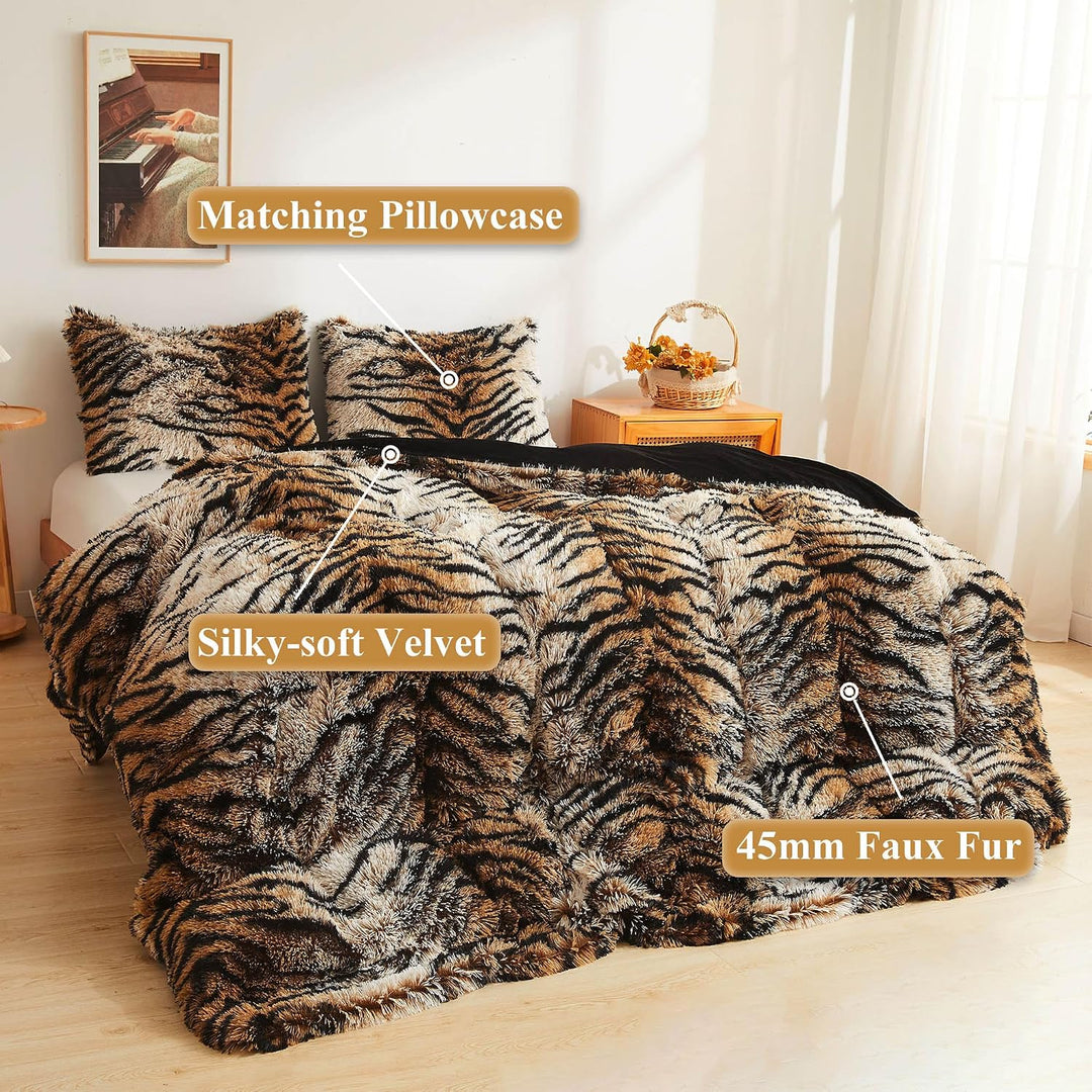 Tiger Print Fluffy Faux Fur Duvet Cover Set, 3 Pieces Soft Plush Shaggy Fuzzy Bedding Set(1 Faux Fur Animal Print Comforter Cover + 2 Furry Pillowcases), Zipper Closure(King, Tiger Print Brown) - Just Closeouts Canada Inc.X0047QQQVV