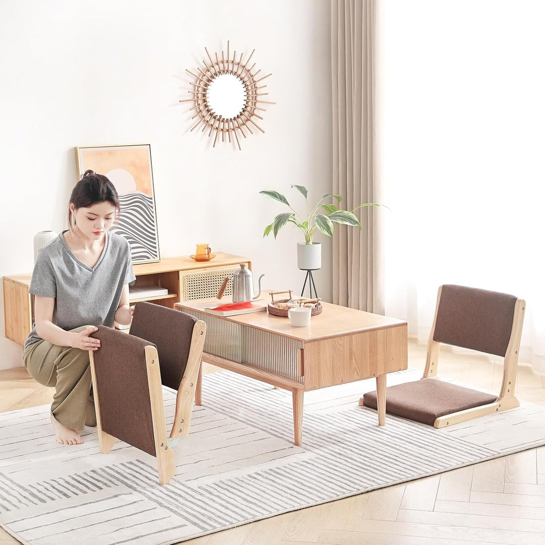 Tiita 2Pcs Floor Games Chair, Foldable Meditation Tatami Chairs, Backrest Chair with Cushion, Living Room Chair Seat, Wood Brown - Just Closeouts Canada Inc.
