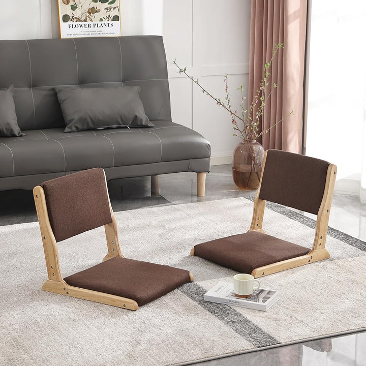 Tiita 2Pcs Floor Games Chair, Foldable Meditation Tatami Chairs, Backrest Chair with Cushion, Living Room Chair Seat, Wood Brown - Just Closeouts Canada Inc.