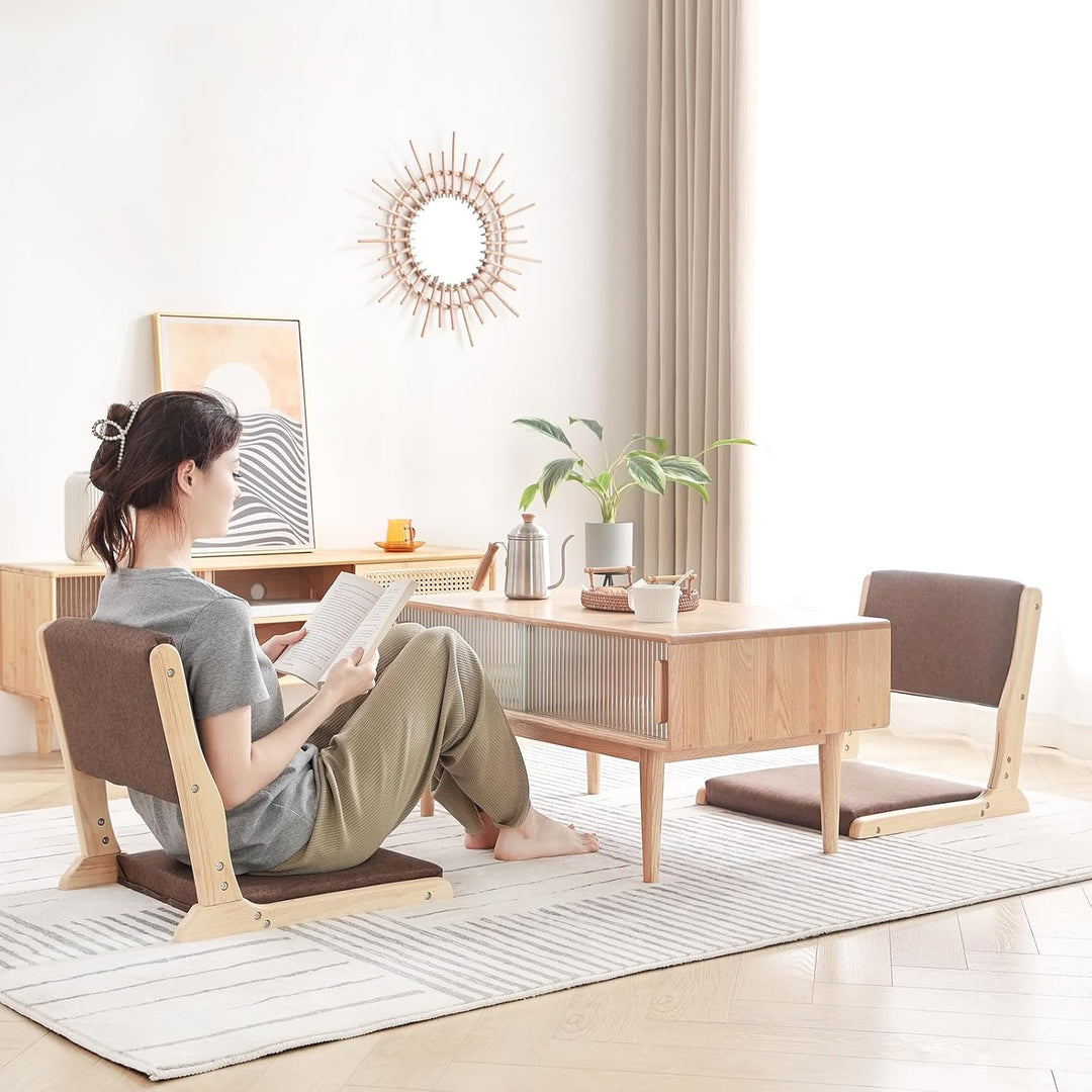Tiita 2Pcs Floor Games Chair, Foldable Meditation Tatami Chairs, Backrest Chair with Cushion, Living Room Chair Seat, Wood Brown - Just Closeouts Canada Inc.