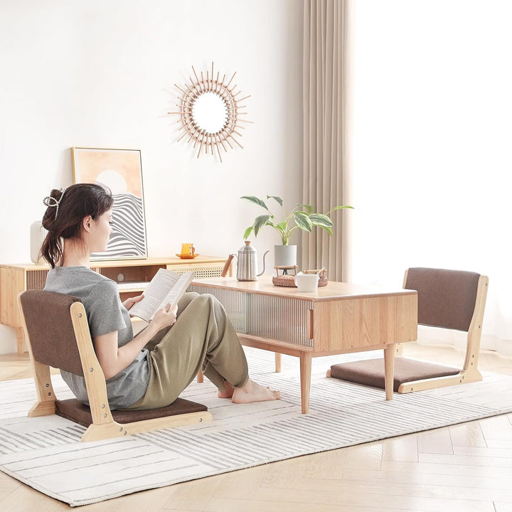 Tiita 2Pcs Floor Games Chair, Foldable Meditation Tatami Chairs, Backrest Chair with Cushion, Living Room Chair Seat, Wood Brown - Just Closeouts Canada Inc.