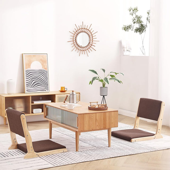 Tiita 2Pcs Floor Games Chair, Foldable Meditation Tatami Chairs, Backrest Chair with Cushion, Living Room Chair Seat, Wood Brown - Just Closeouts Canada Inc.