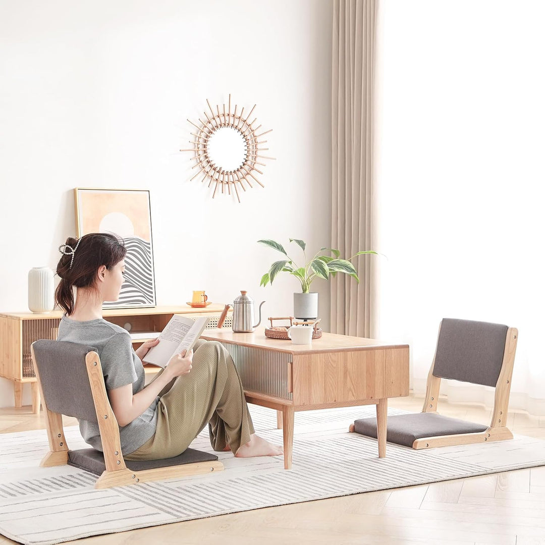 Tiita 2Pcs Floor Games Chair, Foldable Meditation Tatami Chairs, Backrest Chair with Cushion, Living Room Chair Seat, Wood Grey - Just Closeouts Canada Inc.
