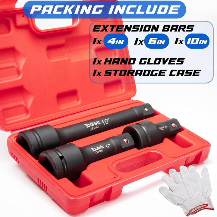 Toolwiz 1'' Socket Extension Set 4'', 6'', 10'' (3 Piece) Cr - Mo Steel, 1 inch Drive Extension Bar with Locking Pin for Mechanical Equipment Repair, Organized in PVC Box Use with Air Impact Wrenches - Just Closeouts Canada Inc.