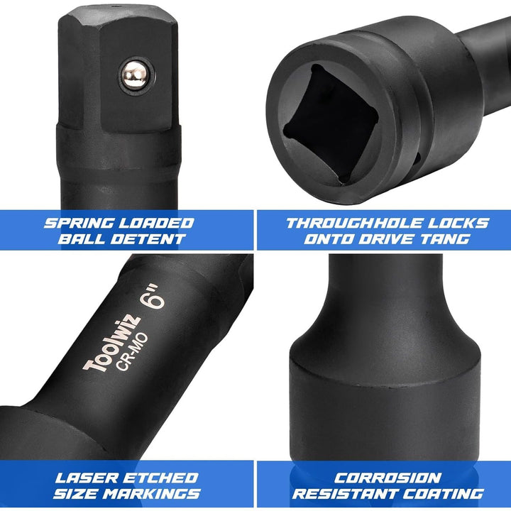 Toolwiz 1'' Socket Extension Set 4'', 6'', 10'' (3 Piece) Cr - Mo Steel, 1 inch Drive Extension Bar with Locking Pin for Mechanical Equipment Repair, Organized in PVC Box Use with Air Impact Wrenches - Just Closeouts Canada Inc.