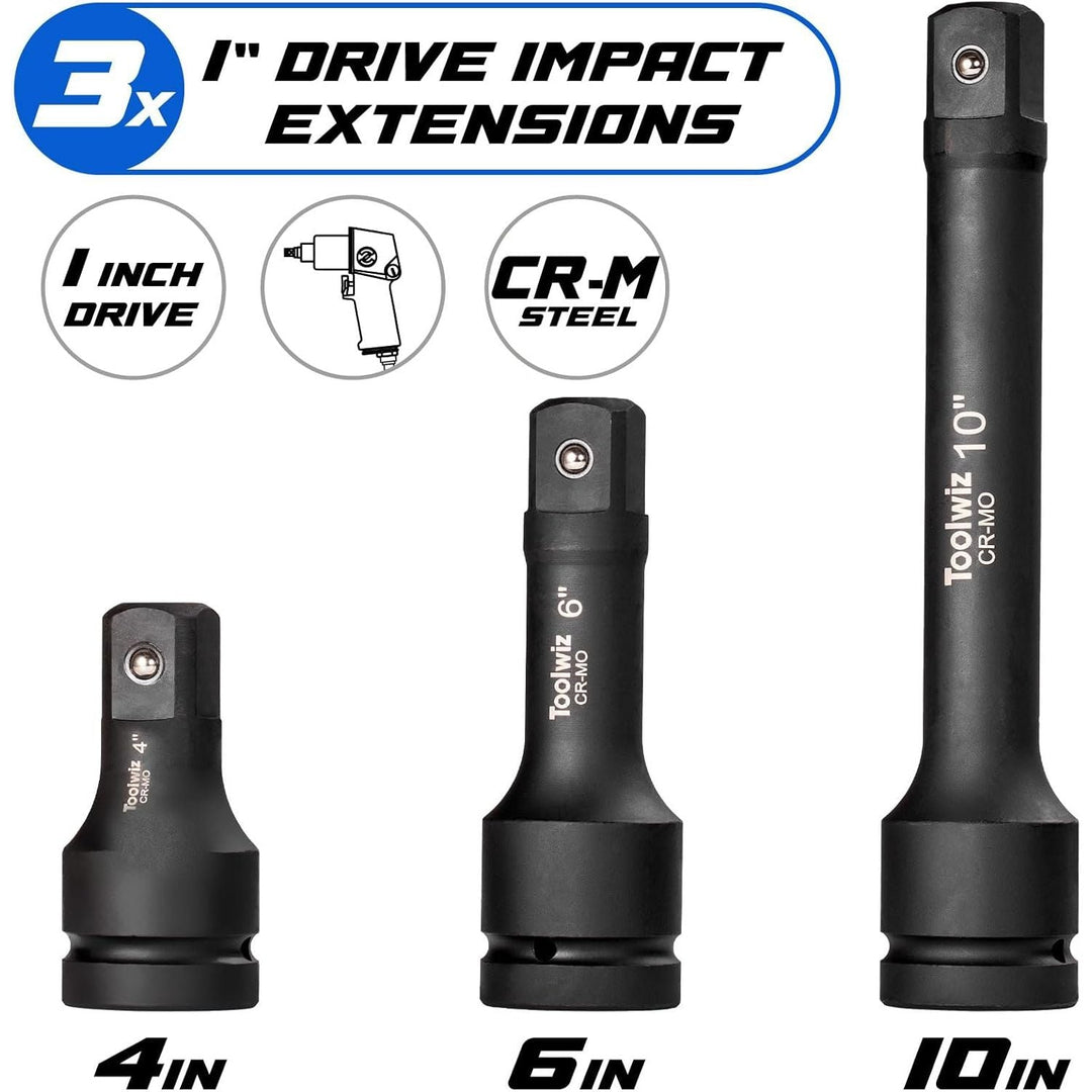 Toolwiz 1'' Socket Extension Set 4'', 6'', 10'' (3 Piece) Cr - Mo Steel, 1 inch Drive Extension Bar with Locking Pin for Mechanical Equipment Repair, Organized in PVC Box Use with Air Impact Wrenches - Just Closeouts Canada Inc.