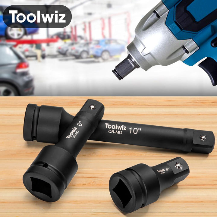 Toolwiz 1'' Socket Extension Set 4'', 6'', 10'' (3 Piece) Cr - Mo Steel, 1 inch Drive Extension Bar with Locking Pin for Mechanical Equipment Repair, Organized in PVC Box Use with Air Impact Wrenches - Just Closeouts Canada Inc.