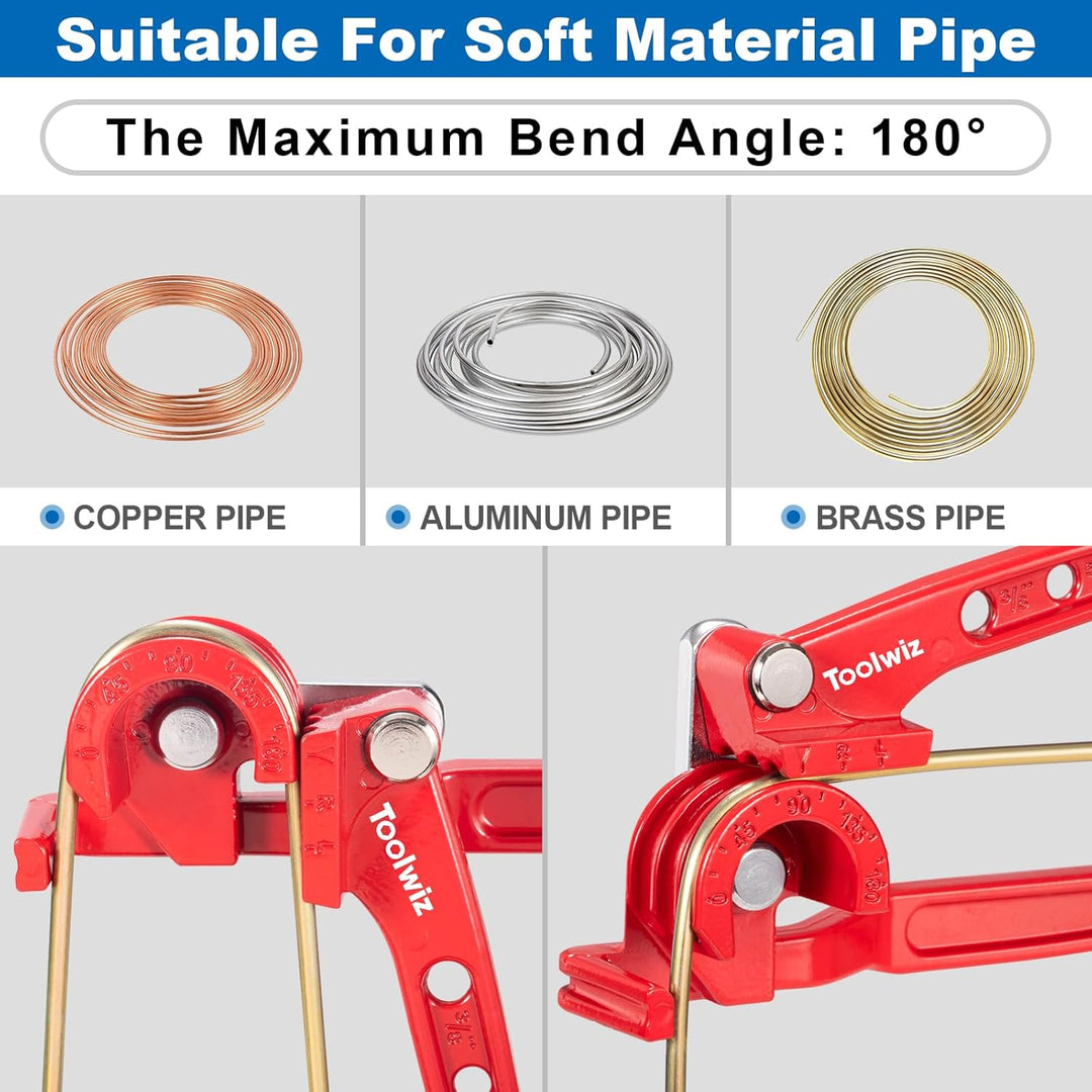Toolwiz Pipe Bender 3 - in - 1 Manual Tube Bender for 1/4'' 5/16'' 3/8'' Tubing 0 - 180 Degrees Heavy Duty Brake Line Bending Tool for Copper Brass and Aluminum Pipes - Just Closeouts Canada Inc.
