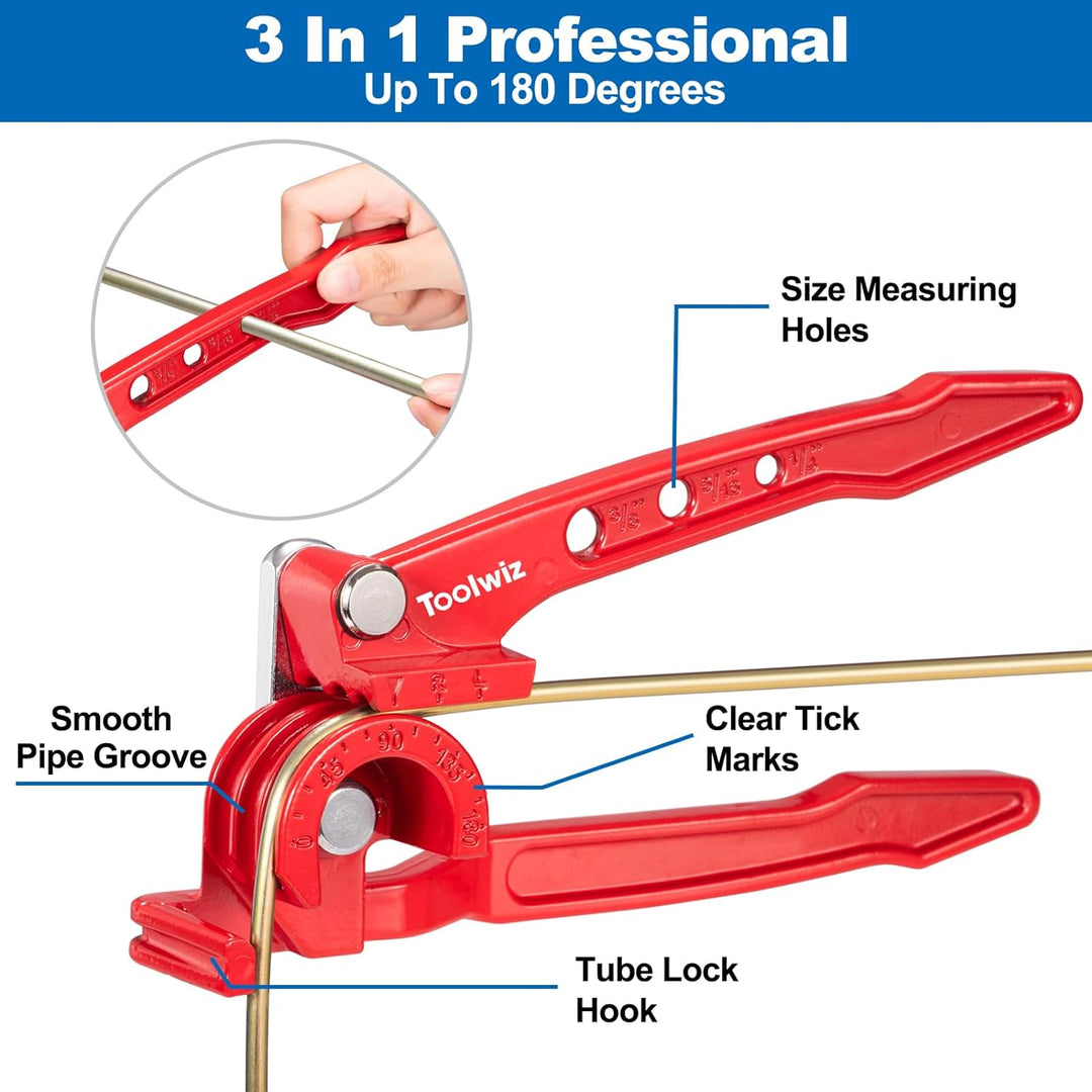 Toolwiz Pipe Bender 3 - in - 1 Manual Tube Bender for 1/4'' 5/16'' 3/8'' Tubing 0 - 180 Degrees Heavy Duty Brake Line Bending Tool for Copper Brass and Aluminum Pipes - Just Closeouts Canada Inc.