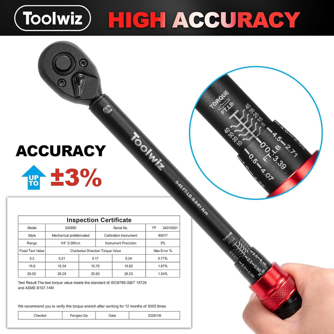 Toolwiz Torque 3/8 - Inch Drive Click Torque Wrench 5 - 45 Ft - Lb/6.8 - 61 Nm Dual Direction Adjustable 72 Tooth Click Torque Wrench for Bike, Motorcycle, Car Repair, Home Maintance - Just Closeouts Canada Inc.