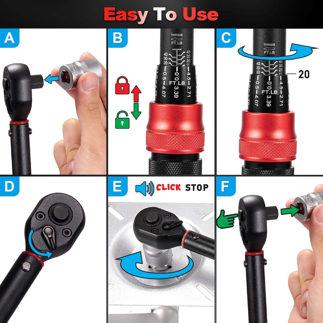 Toolwiz Torque 3/8 - Inch Drive Click Torque Wrench 5 - 45 Ft - Lb/6.8 - 61 Nm Dual Direction Adjustable 72 Tooth Click Torque Wrench for Bike, Motorcycle, Car Repair, Home Maintance - Just Closeouts Canada Inc.