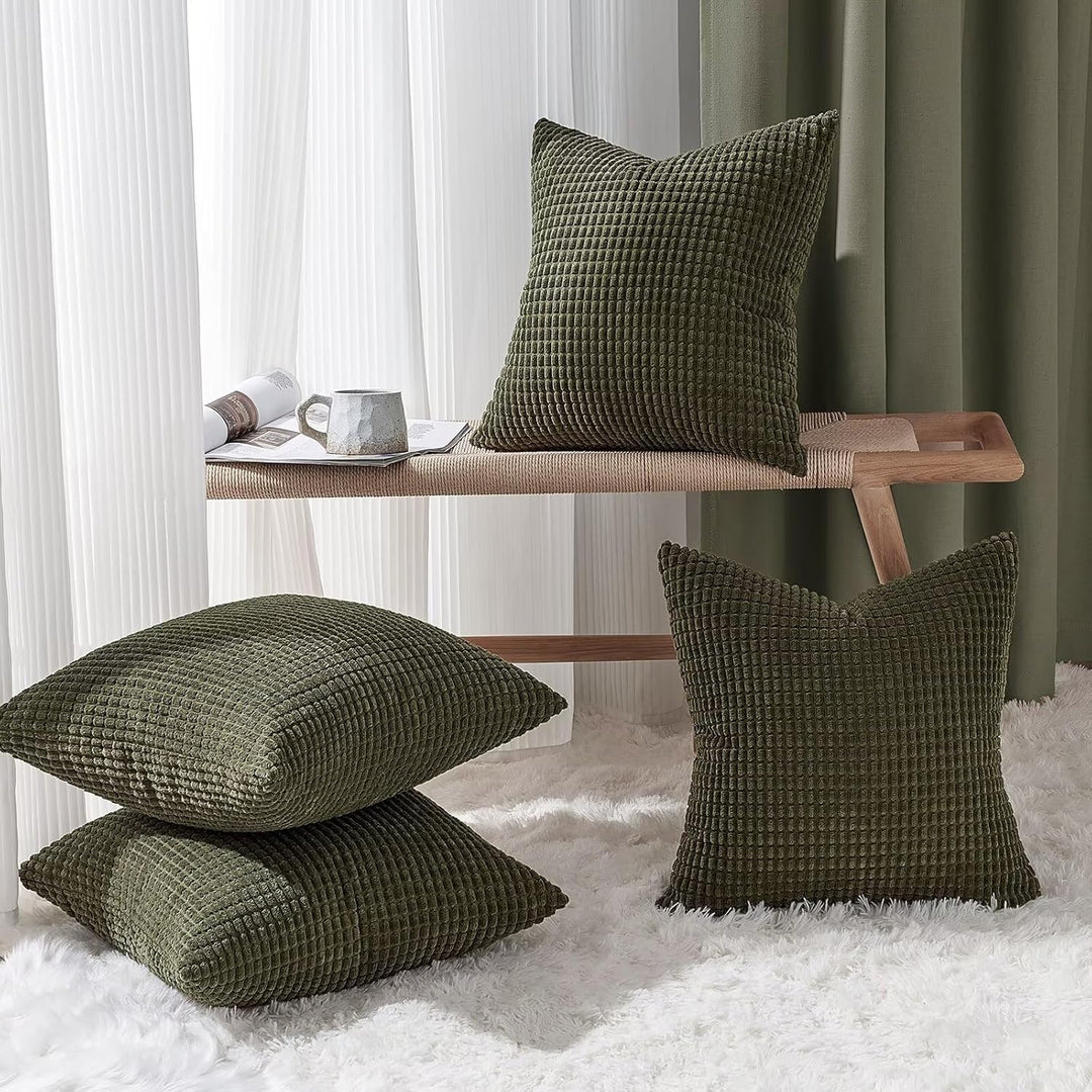 Topfinel 4 Packs Olive Green Decorative Throw Pillow Covers 18x18 Inch for Living Room Couch Bed Sofa, Boho Western Farmhouse Home Decor, Square Soft Moss Corduroy Fall Cushion Case 45x45 cm - Just Closeouts Canada Inc.