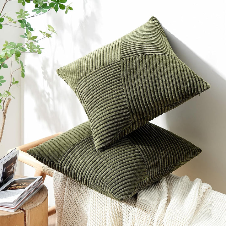 Topfinel Olive Green Decorative Throw Pillow Covers Set of 2 18x18 Inches for Couch Bed Sofa, Boho Aesthetic Home Decor, Soft Corduroy Striped Patchwork Windmill Textured Cushion Cases 45x45 cm - Just Closeouts Canada Inc.