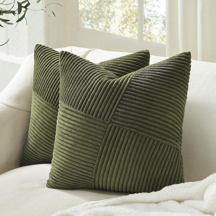 Topfinel Olive Green Decorative Throw Pillow Covers Set of 2 18x18 Inches for Couch Bed Sofa, Boho Aesthetic Home Decor, Soft Corduroy Striped Patchwork Windmill Textured Cushion Cases 45x45 cm - Just Closeouts Canada Inc.