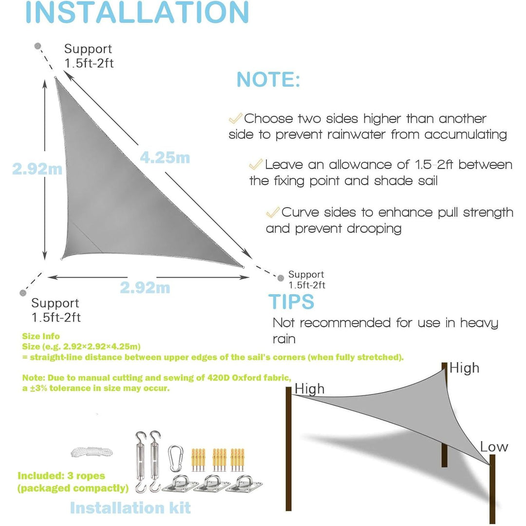 Triangle Sun Shade Sail 9.58'x9.58'x13.94',with Installation Fixing Kit, Outdoor Water - Resistant Shade Sail,420D Oxford Fabric Incl Fixing Rope,Awning for Balconies,Terraces and Gardens - Just Closeouts Canada Inc.