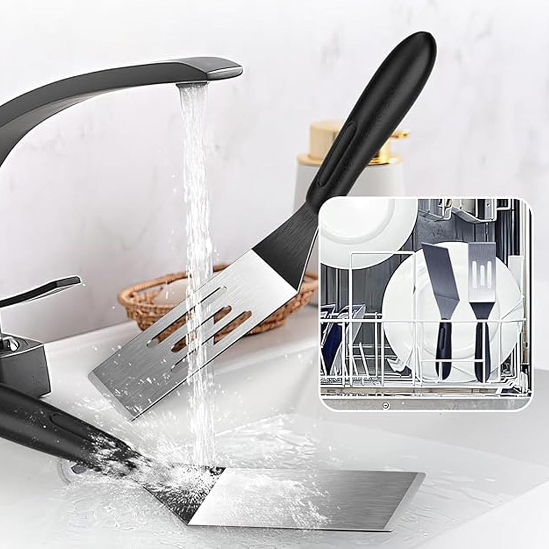 Stainless steel spatula blades being cleaned