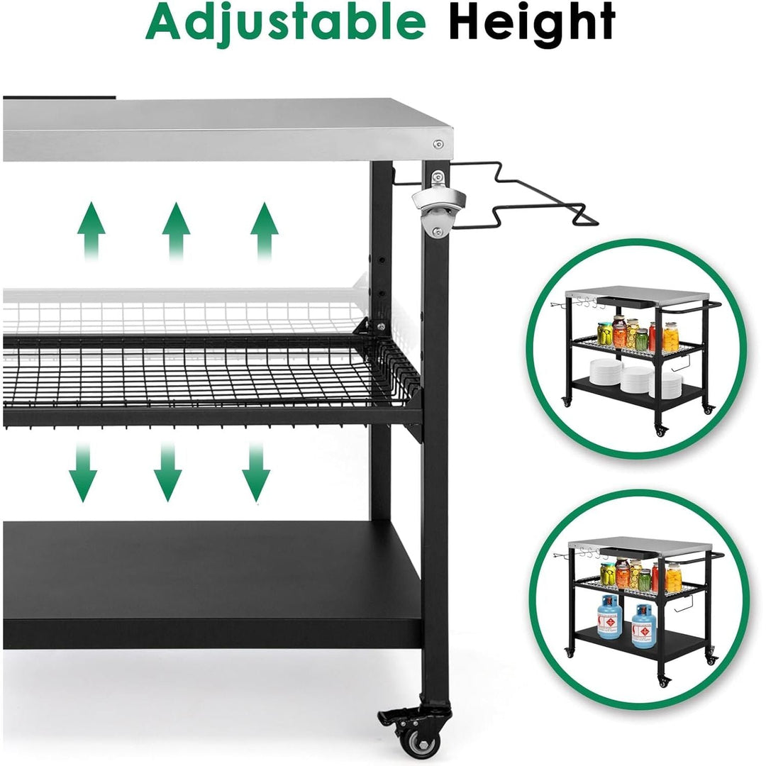 Tyfnry Outdoor Grill Cart, 3 - Tier Rolling Prep Dining Cart Pizza Oven Stand Table with Lockable Casters, Hooks & Adjustable Mesh, Metal Kitchen Cart Island, Black - Just Closeouts Canada Inc.