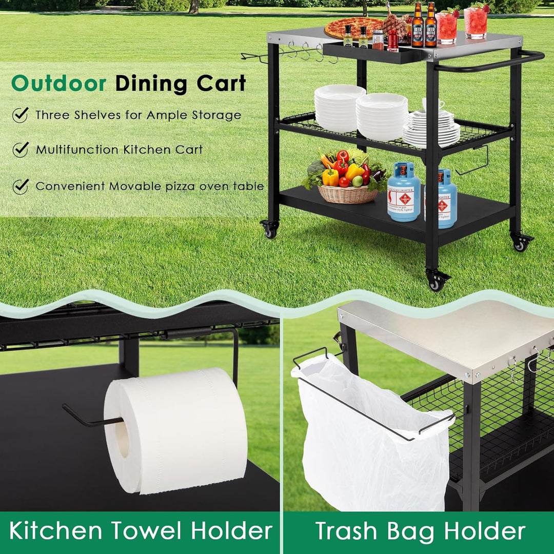 Tyfnry Outdoor Grill Cart, 3 - Tier Rolling Prep Dining Cart Pizza Oven Stand Table with Lockable Casters, Hooks & Adjustable Mesh, Metal Kitchen Cart Island, Black - Just Closeouts Canada Inc.