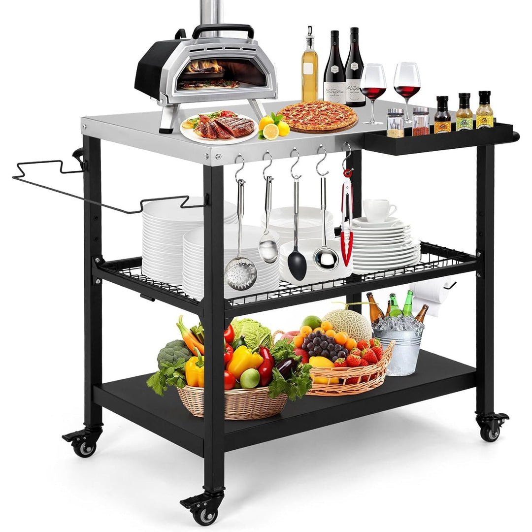 Tyfnry Outdoor Grill Cart, 3 - Tier Rolling Prep Dining Cart Pizza Oven Stand Table with Lockable Casters, Hooks & Adjustable Mesh, Metal Kitchen Cart Island, Black - Just Closeouts Canada Inc.