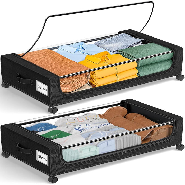 Under Bed Storage with Wheels: 48L Underbed Storage Bins with Lids - Rolling Rangement Vetement sous le Lit - Containers for Clothes Shoes in Bedroom - Easy Pull-out Black 2-Pack - Just Closeouts Canada Inc.6978638360626