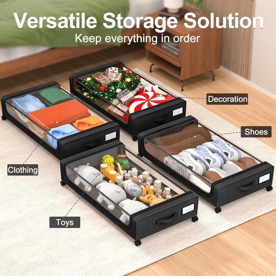Under Bed Storage with Wheels: 48L Underbed Storage Bins with Lids - Rolling Rangement Vetement sous le Lit - Containers for Clothes Shoes in Bedroom - Easy Pull-out Black 2-Pack - Just Closeouts Canada Inc.6978638360626