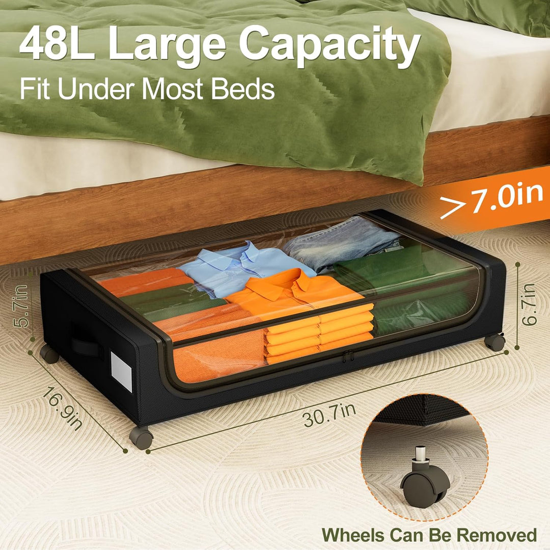 Under Bed Storage with Wheels: 48L Underbed Storage Bins with Lids - Rolling Rangement Vetement sous le Lit - Containers for Clothes Shoes in Bedroom - Easy Pull-out Black 2-Pack - Just Closeouts Canada Inc.6978638360626