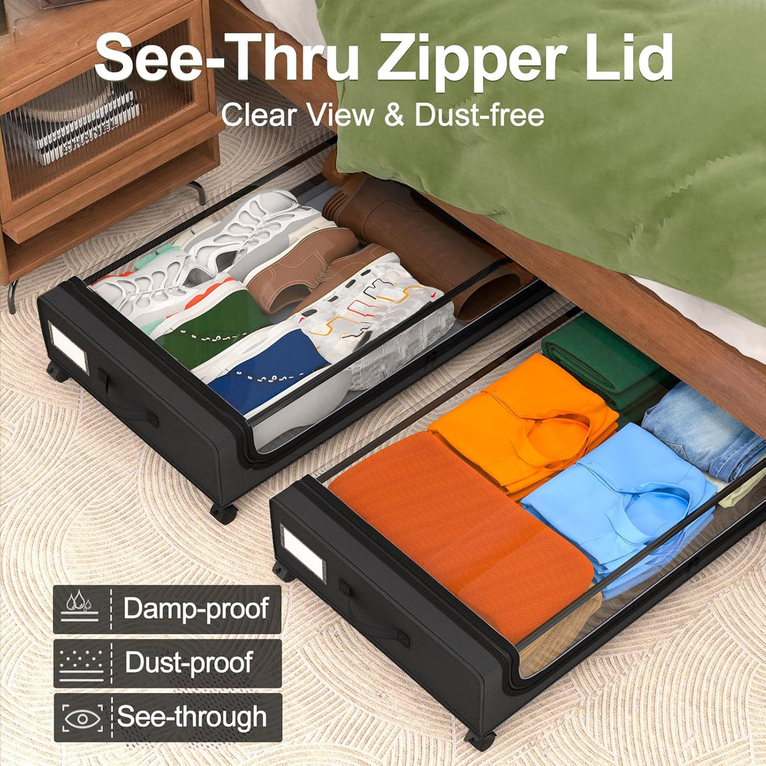 Under Bed Storage with Wheels: 48L Underbed Storage Bins with Lids - Rolling Rangement Vetement sous le Lit - Containers for Clothes Shoes in Bedroom - Easy Pull-out Black 2-Pack - Just Closeouts Canada Inc.6978638360626