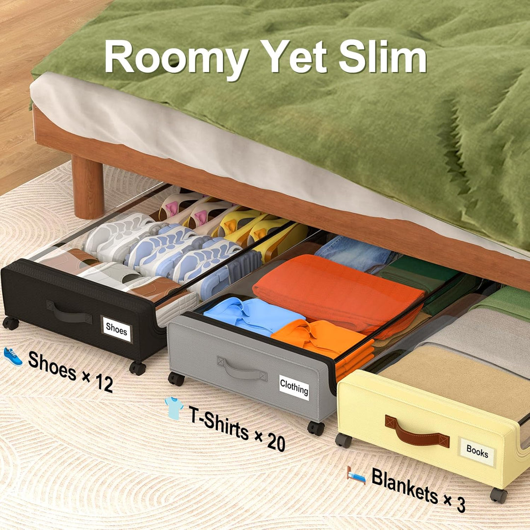 Under Bed Storage with Wheels: 48L Underbed Storage Bins with Lids - Rolling Rangement Vetement sous le Lit - Containers for Clothes Shoes in Bedroom - Easy Pull-out Black 2-Pack - Just Closeouts Canada Inc.6978638360626