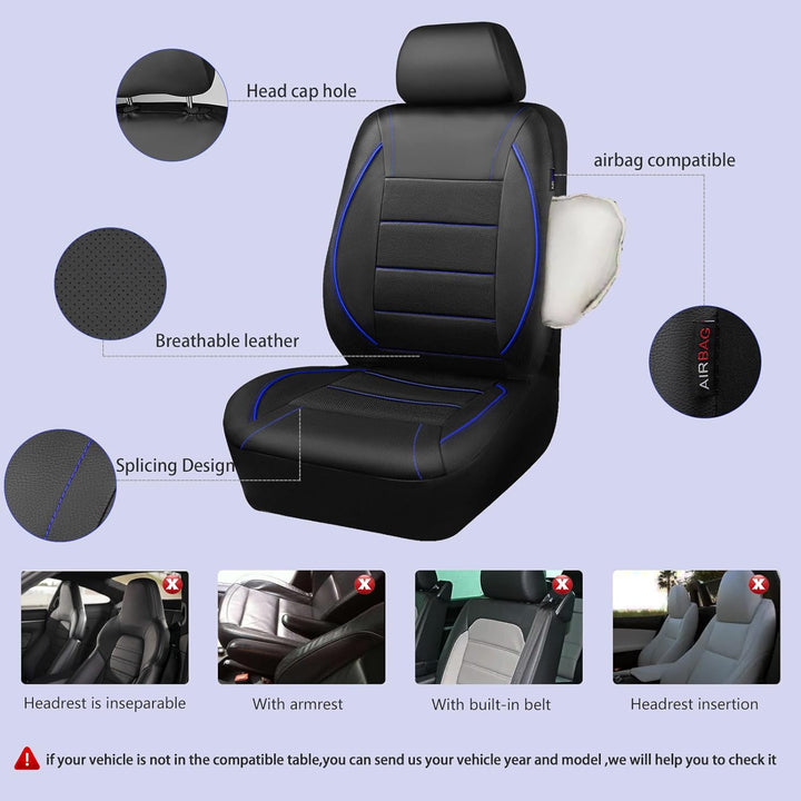 Universal FIT Piping Leather Car Seat Cover, for suvs, Van, Trucks, Airbag Compatible, Inside Zipper Design and Reserved Opening Holes (Full seat Covers, Black and Blue) - Just Closeouts Canada Inc.