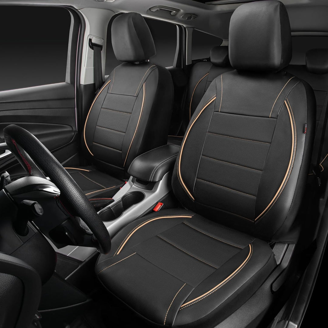 Universal FIT Piping Leather Car Seat Cover, for suvs,Van,Trucks,Airbag Compatible,Inside Zipper Design and Reserved Opening Holes (Full seat Covers, Black and Beige) - Just Closeouts Canada Inc.