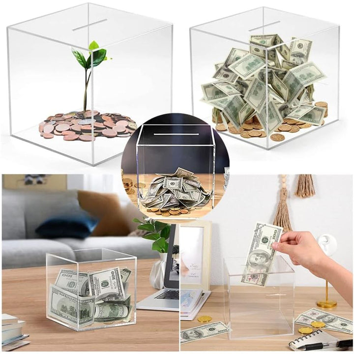 Unopenable Clear Acrylic Piggy Bank - Savings Coin Money Jar Box, Budget and Save Tip Change Box (12cm) - Just Closeouts Canada Inc.