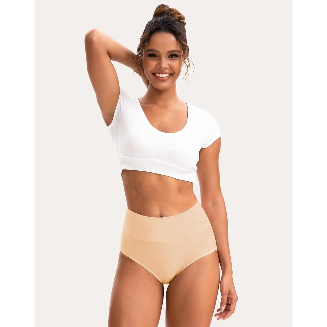 INNERSY women's underwear, Large – Nude high-waisted briefs front fit