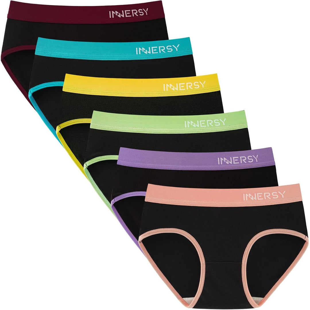 INNERSY girls' cotton underwear, Colorful Black, M 10–12 years – Colorful Black six-pack assortment