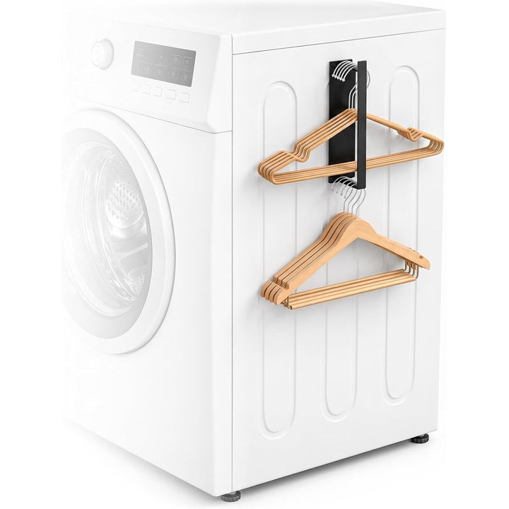 Black magnetic hanger organizer with wooden hangers