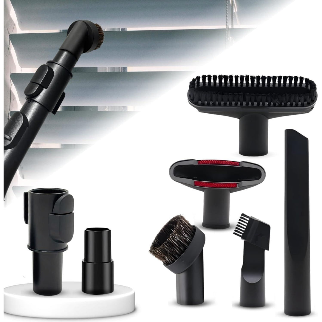 Vacuum attachment kit with five cleaning heads and adapter pieces