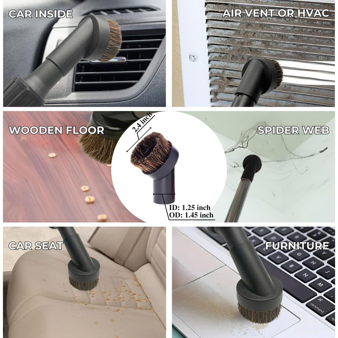 Round vacuum brush shown cleaning vents and upholstery