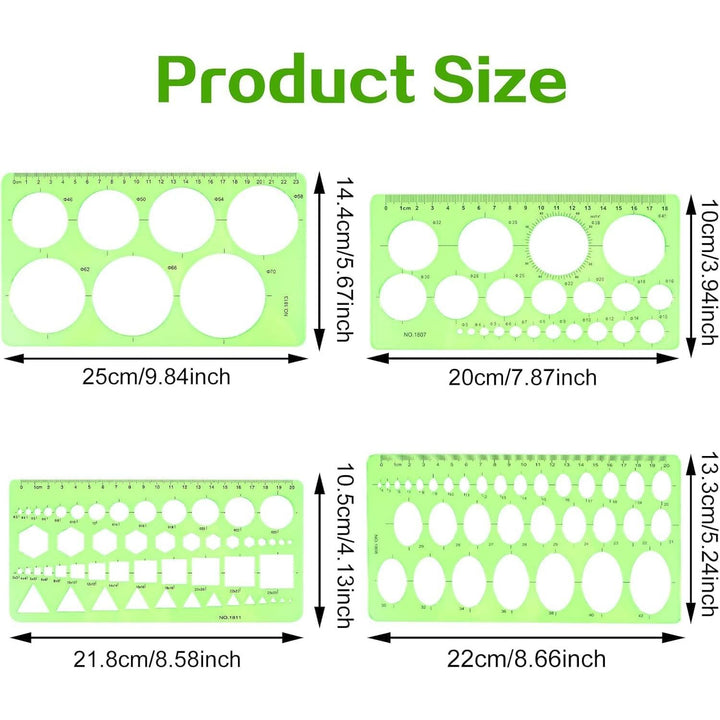 Dimensions of the four included drawing templates