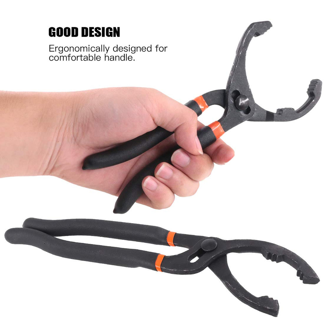 Oil filter pliers shown in use on an oil filter