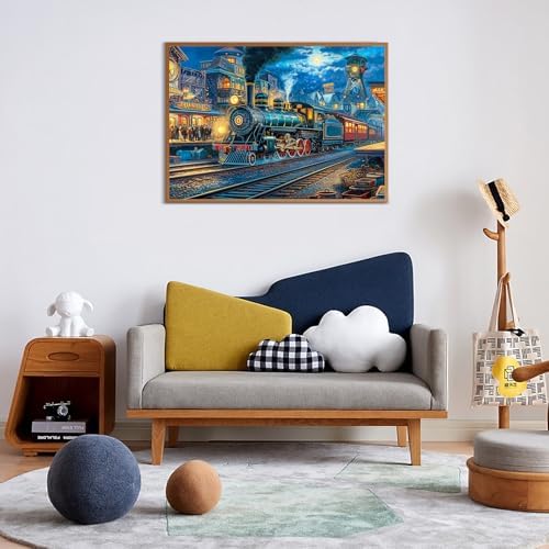 Framed train departure puzzle artwork in a living room