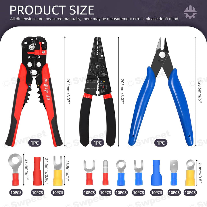 103-piece wire stripper and electrical terminal kit with product size details