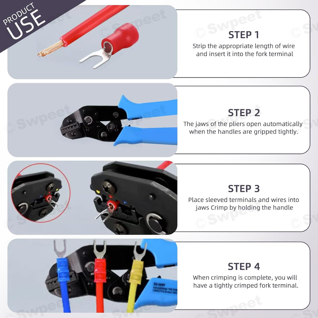 Four-step guide showing how to crimp insulated terminals