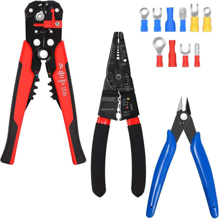 Wire stripper crimper cutter tool set with electrical terminals, 103-piece kit