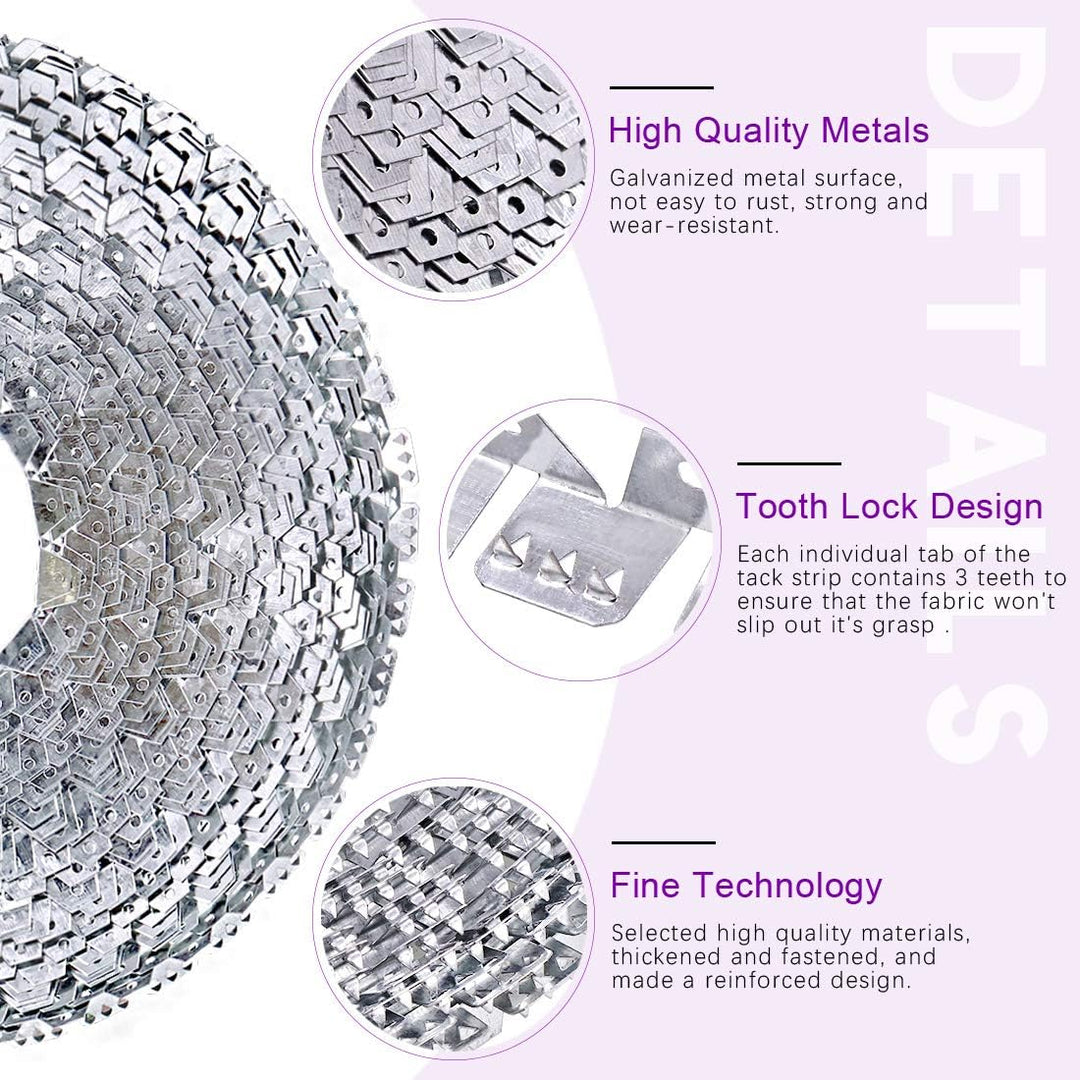 Three-tooth metal tack strip for upholstery work