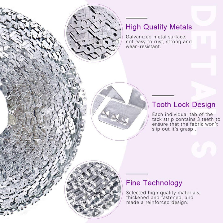 Three-tooth metal tack strip for upholstery work