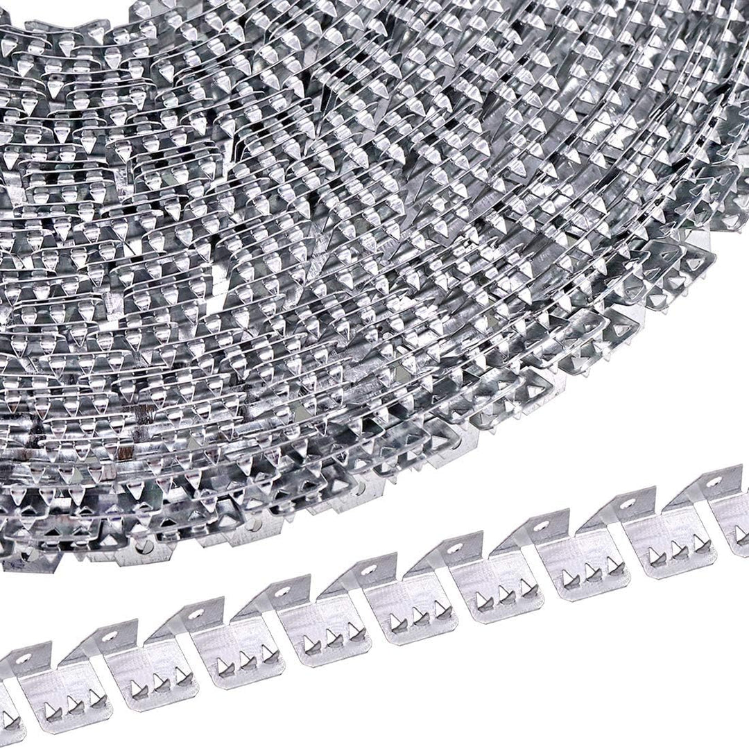Close-up view of flexible metal upholstery tack strip